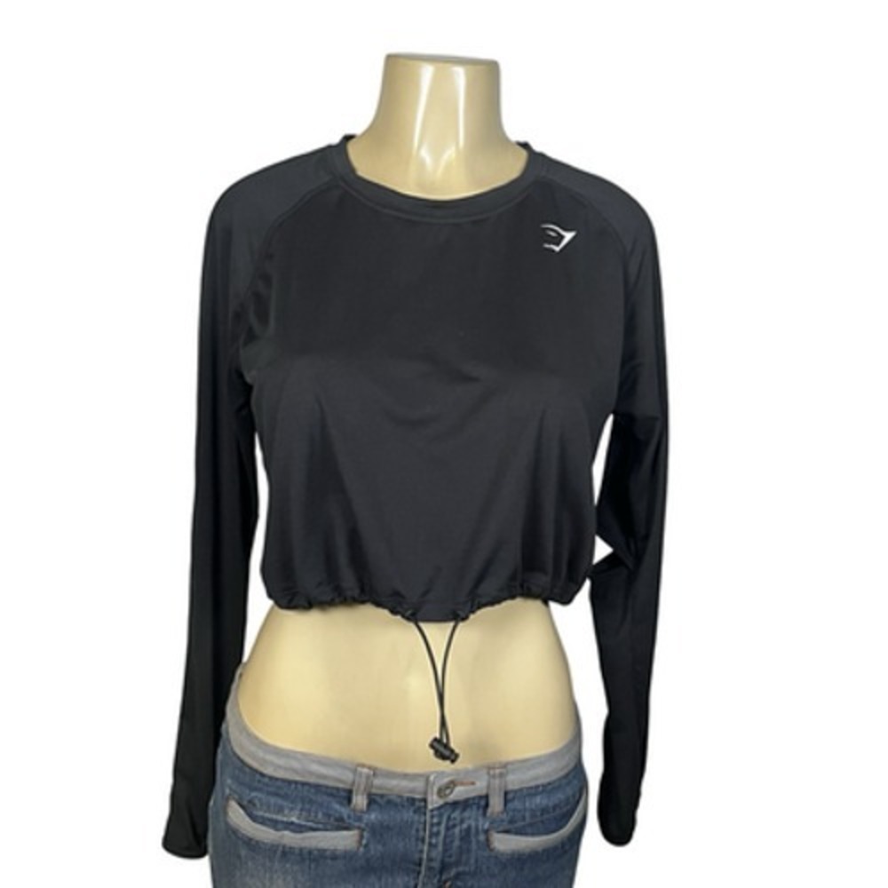Gymshark Shirt Womens Large Black Cropped‎ Long Sleeve Drawstring Hem Athletic